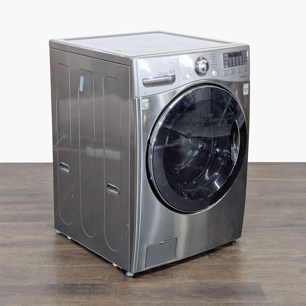 Space-saving LG washer and dryer in one unit, featuring Direct Drive motor and easy front access design.