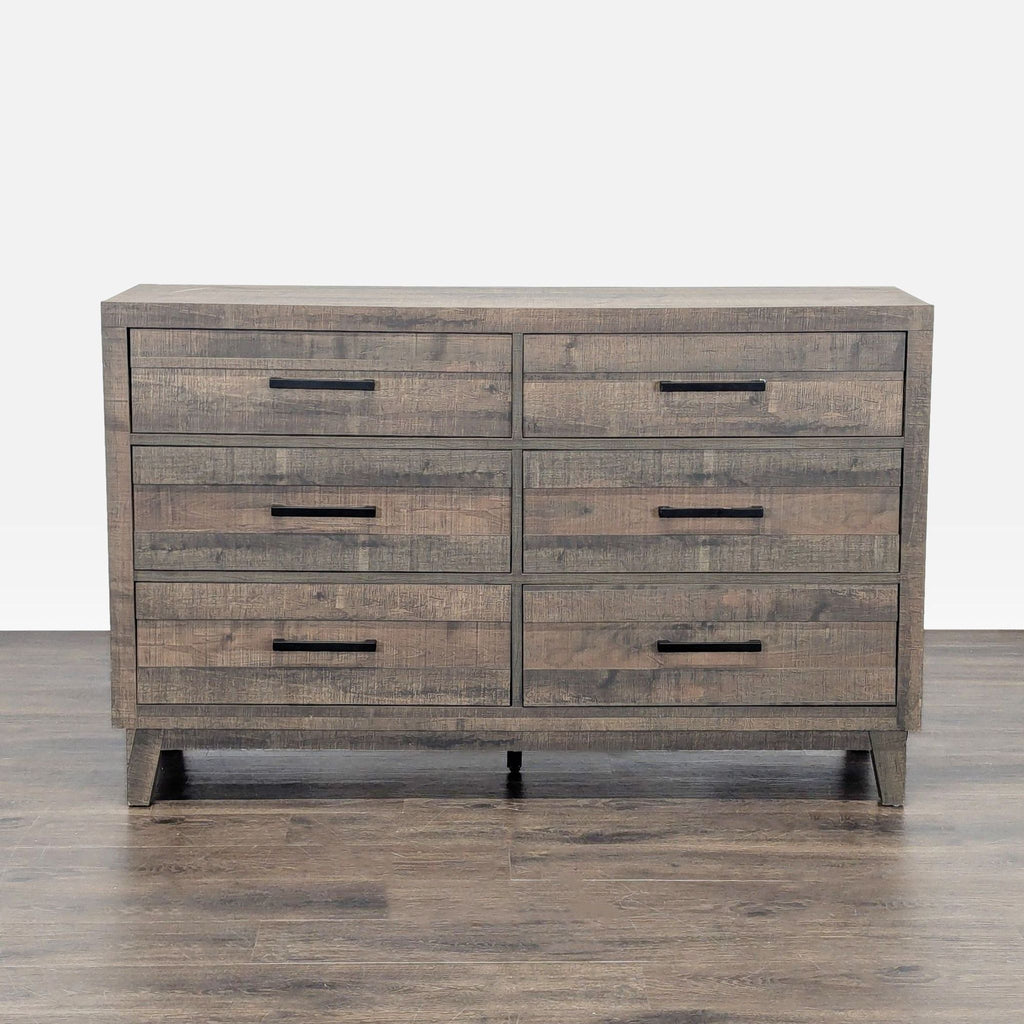 Rustic wood dresser with six drawers and black metal handles, Crown Mark brand, suitable for bedrooms.