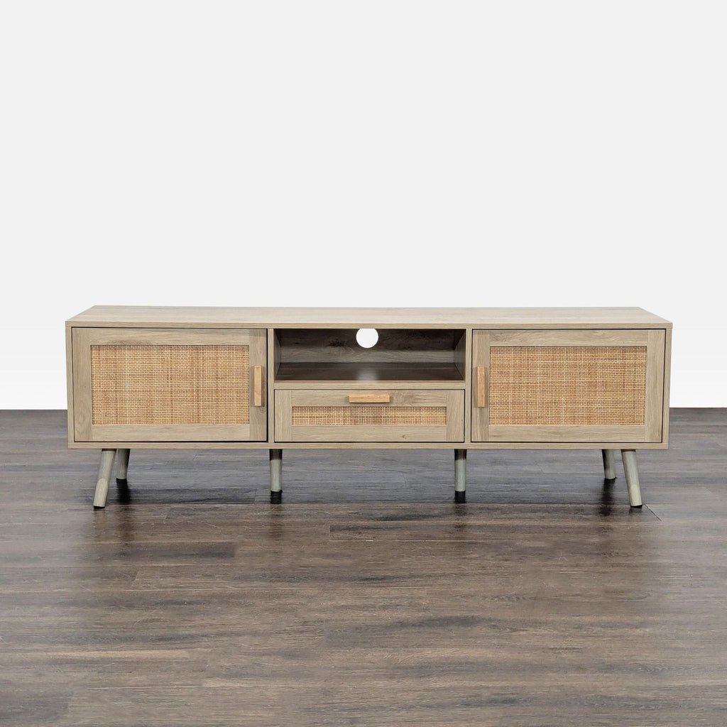 Finnhomy wood entertainment center featuring handmade rattan decorated doors.