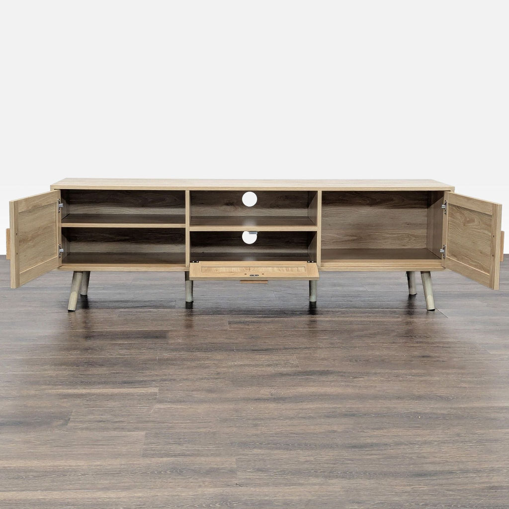 Handcrafted rattan doors highlight this Finnhomy wooden console for entertainment use.