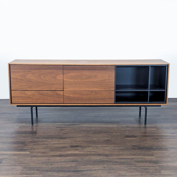 1. Modern sideboard by Treku featuring walnut and oak wood with metal and wood legs for a retro Nordic-inspired look.  