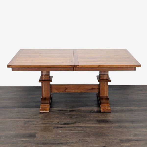 Amish Tables dining table with two self-storing leaf inserts, fully expanded as a trestle table.