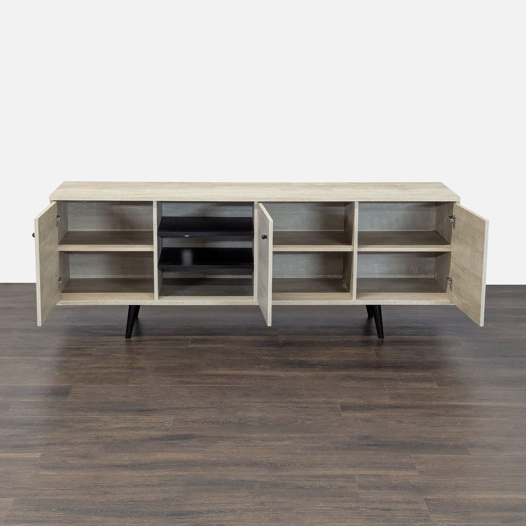 2. Sand finish entertainment center with cabinet doors open, showing interior storage and adjustable shelves.