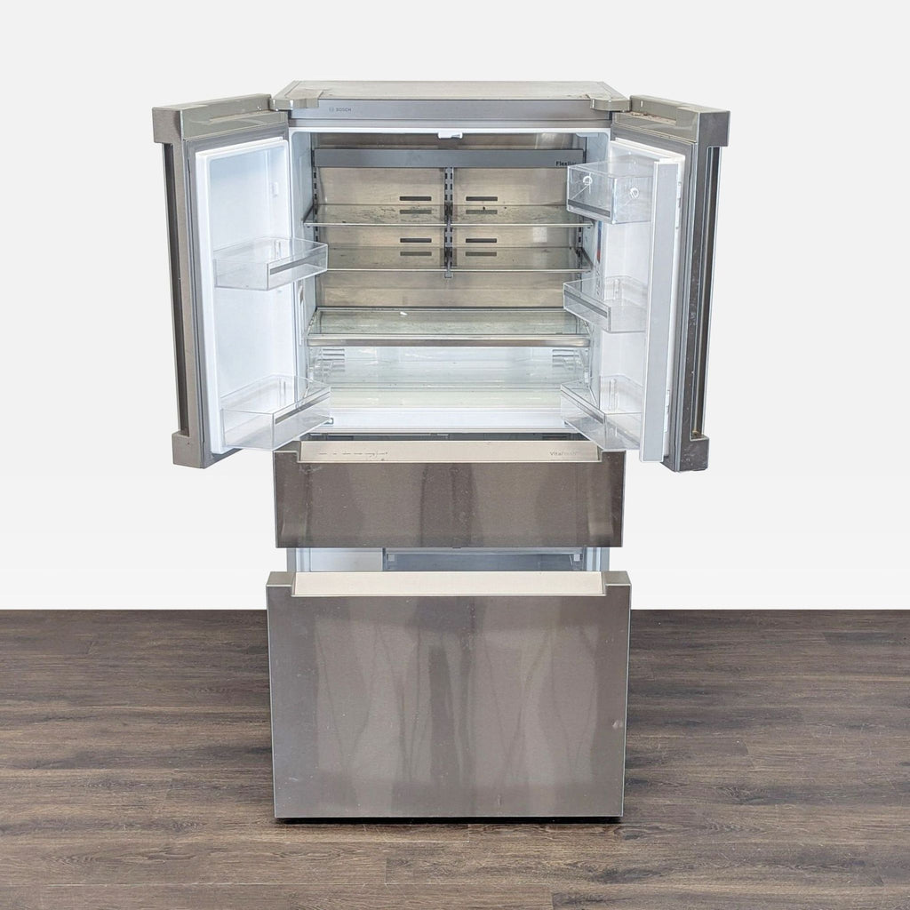 Modern Bosch refrigerator with double doors, spacious freezers, and flexible interior storage.  