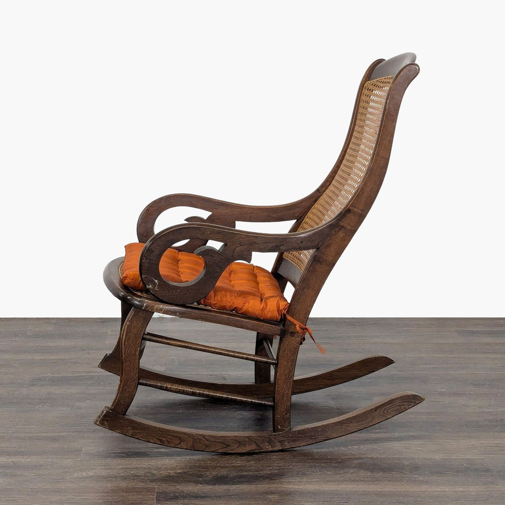 Vintage Bentwood  Rocking Chair with Cane Back and Orange Cushion