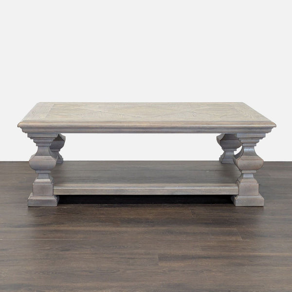 Square balustrade-leg coffee table in light wood with parquet top and open lower shelf; Arch Salvage.  