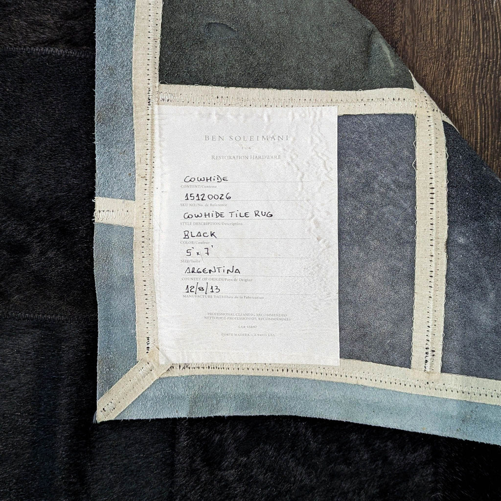 Restoration Hardware 5’ x 7’ Black Patchwork Cowhide Rug