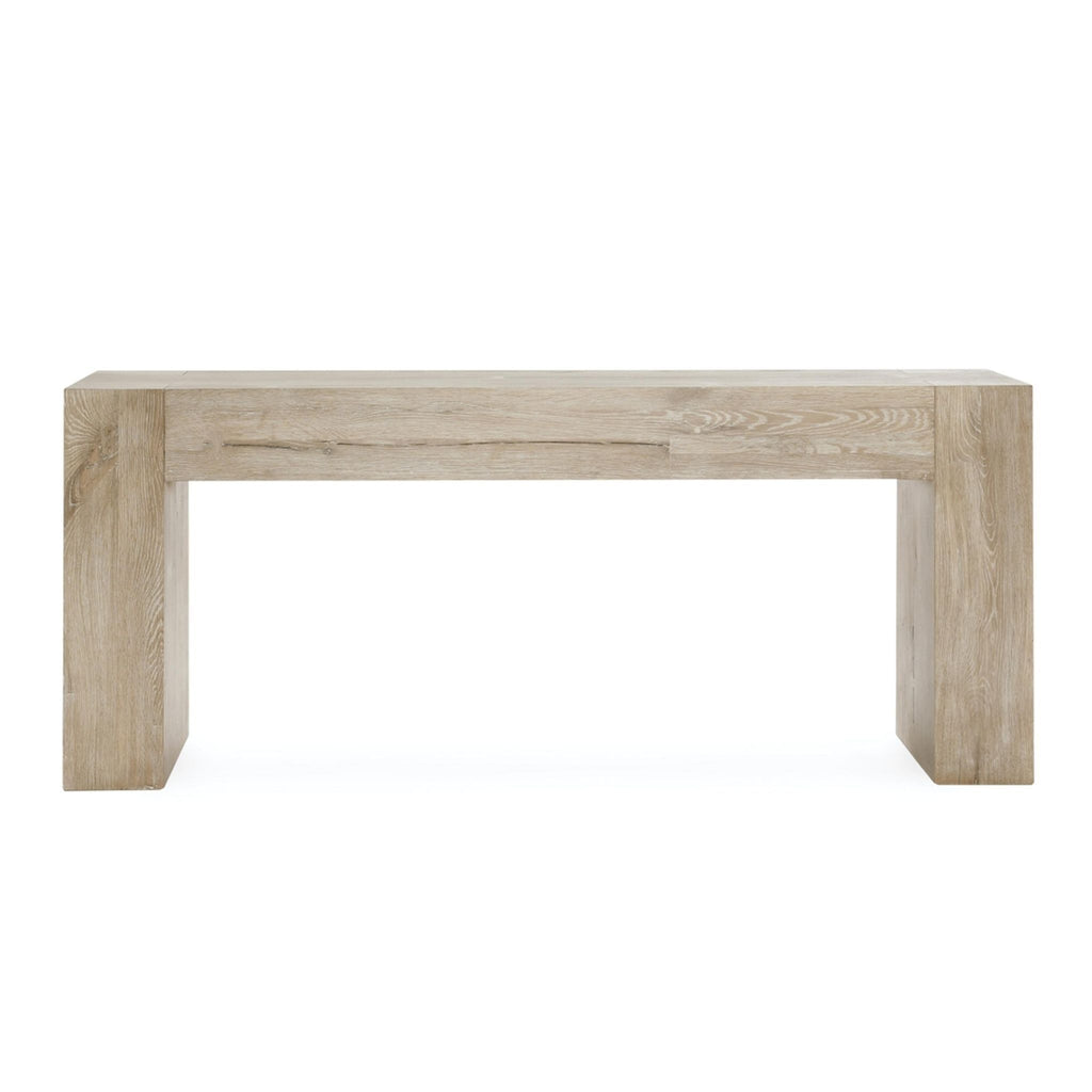 Hand-finished oak console table by Havenly with visible oversized dovetail and bowtie joints, distressed for character.  