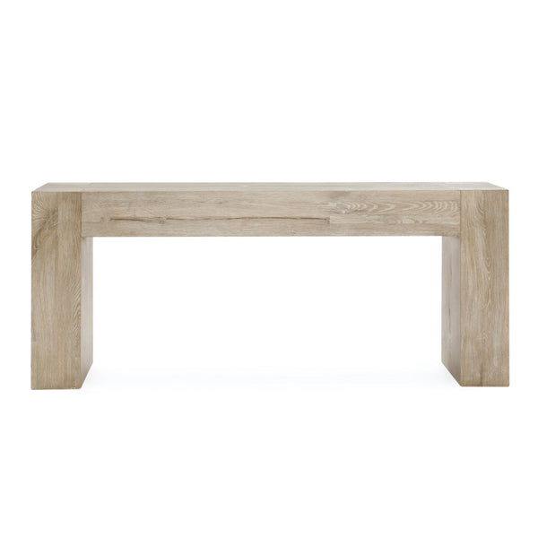 Hand-finished oak console table by Havenly with visible oversized dovetail and bowtie joints, distressed for character.  
