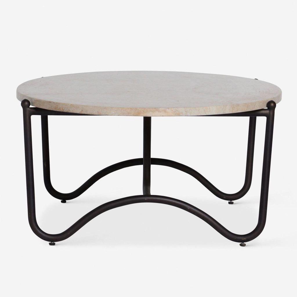 Contemporary Lulu and Georgia travertine coffee table with easy-to-clean stone and metal frame.
