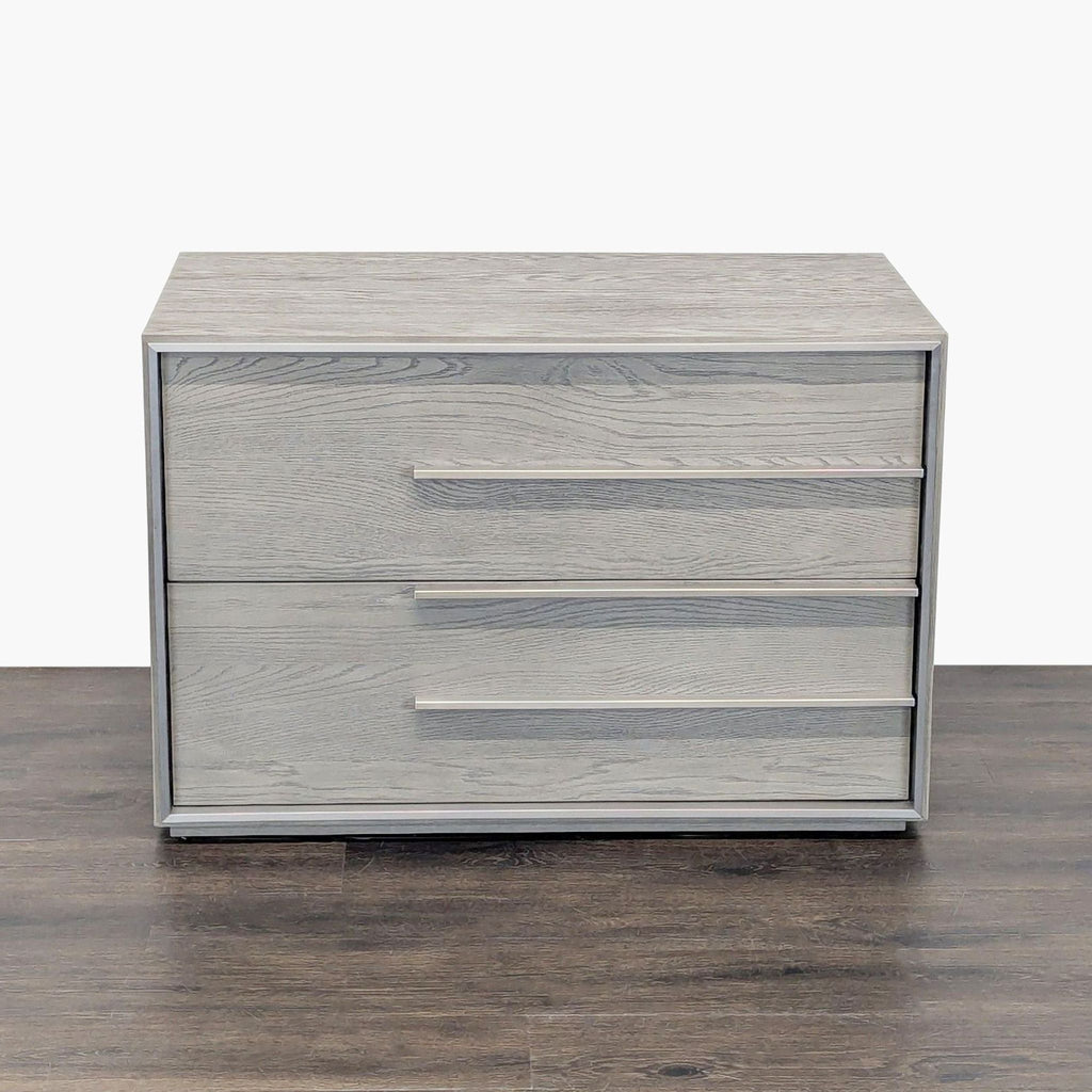 1. Restoration Hardware end table with brushed metal trim and white oak, featuring clean, modern lines and two drawers.