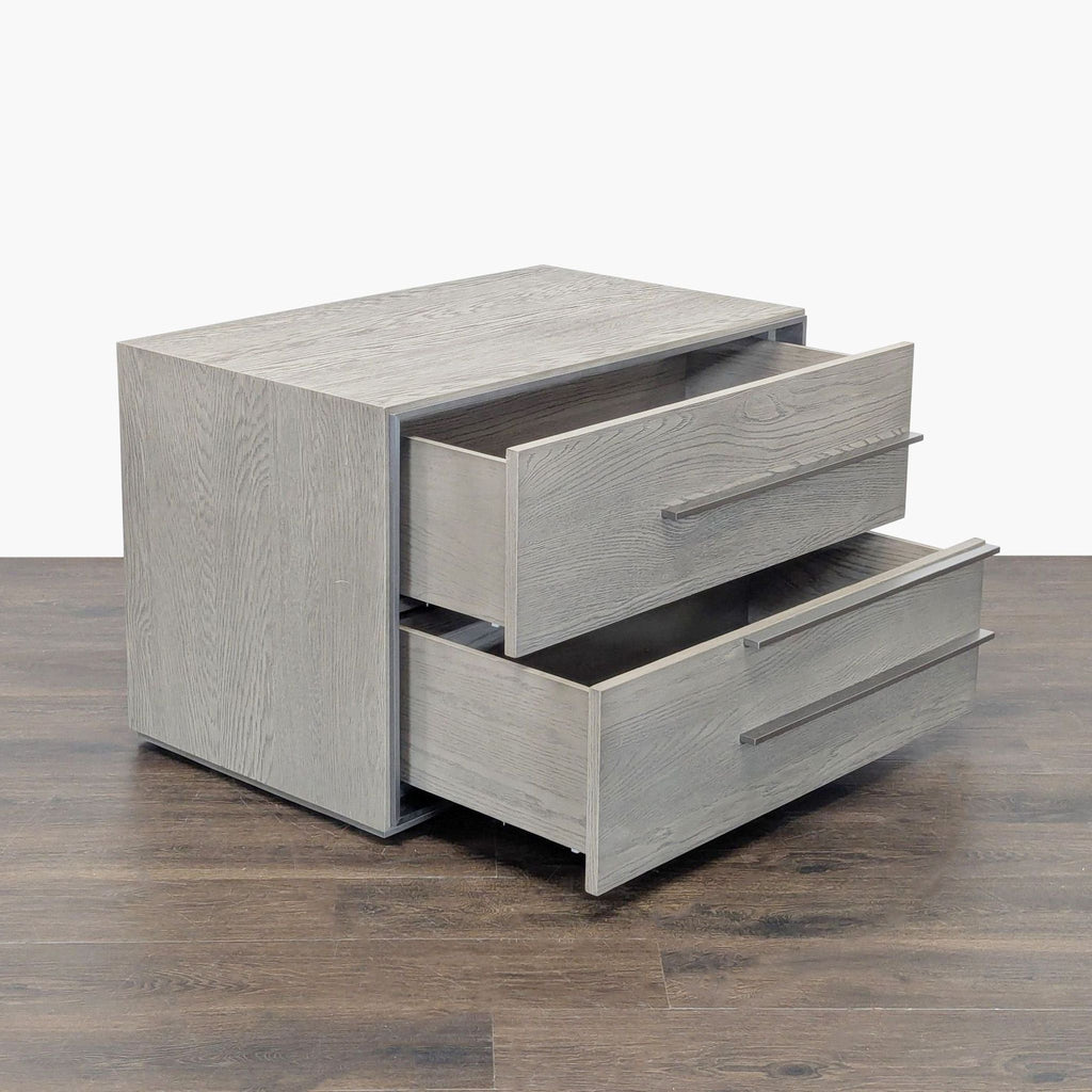2. Restoration Hardware modern end table, angled view showing two open drawers, featuring metal hardware and oak grain.