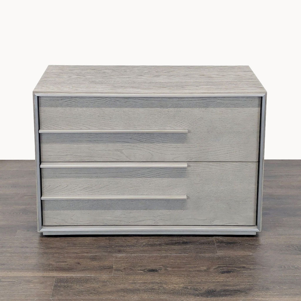 Restoration Hardware end table by Thomas Bina and Ed Robinson with white oak, brushed metal trim, and linear design.