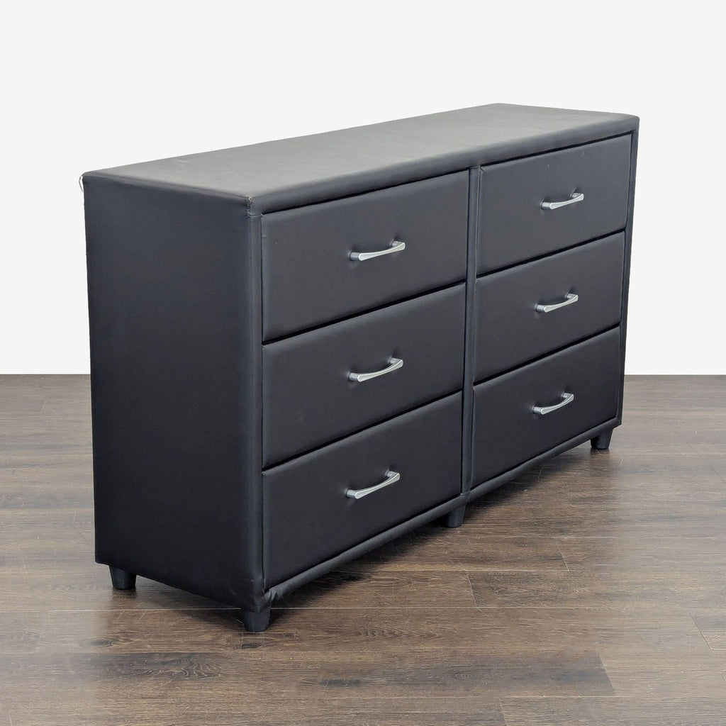 Modern Black 6-Drawer Dresser with Faux Leather Finish
