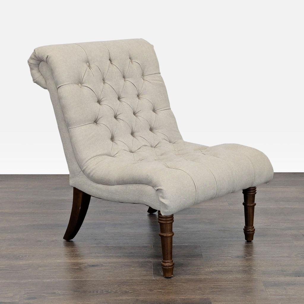 Beige Tufted Armless Lounge Chair with Wooden Legs