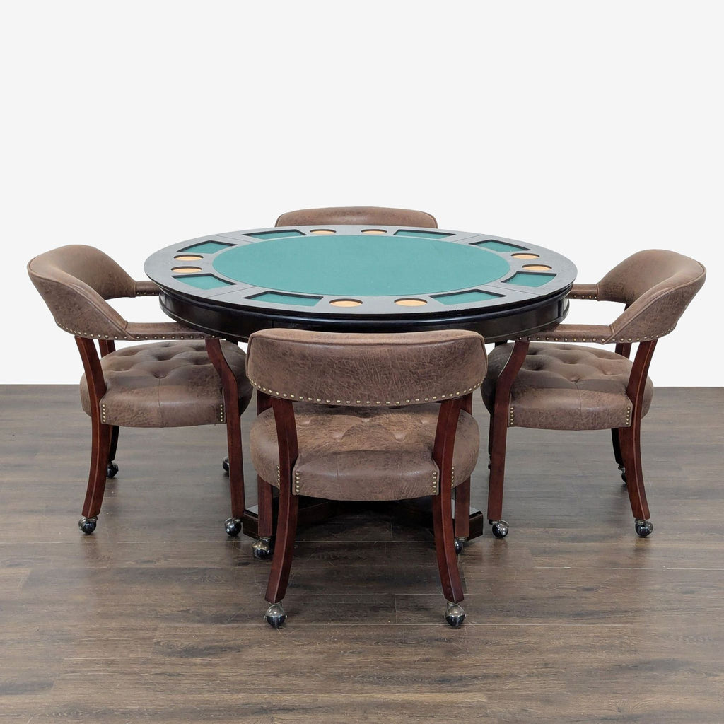 Round convertible dining set with 4 brown cushioned chairs and a poker table featuring cup holders and green felt.