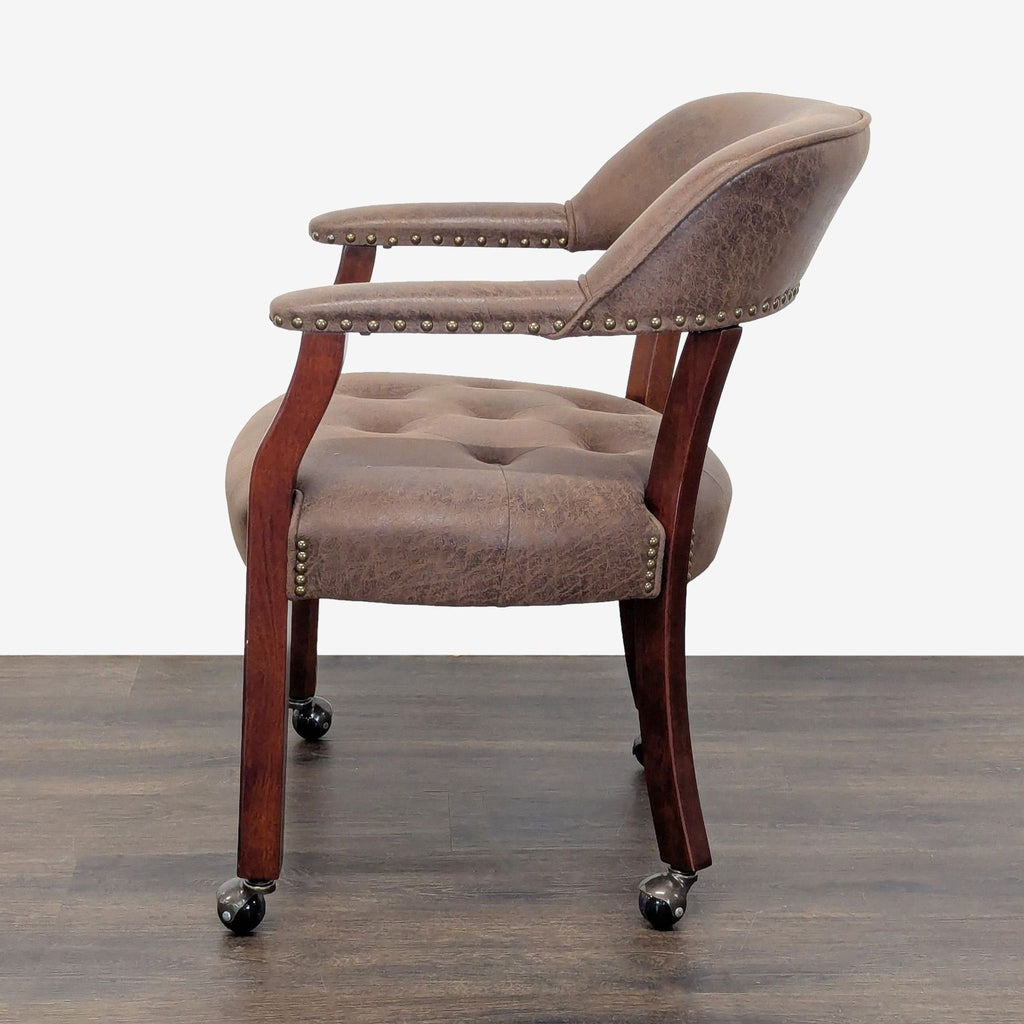 Dining set featuring a round table that converts to a green-felt poker surface, with 4 wheeled, cushioned chairs.