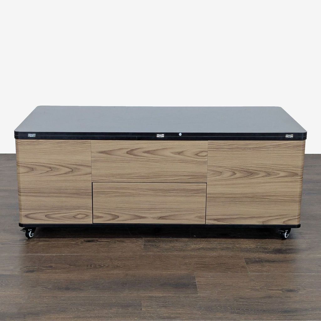 Hokku adjustable wooden table with three drawers, two shelves, and casters for easy movement.  
