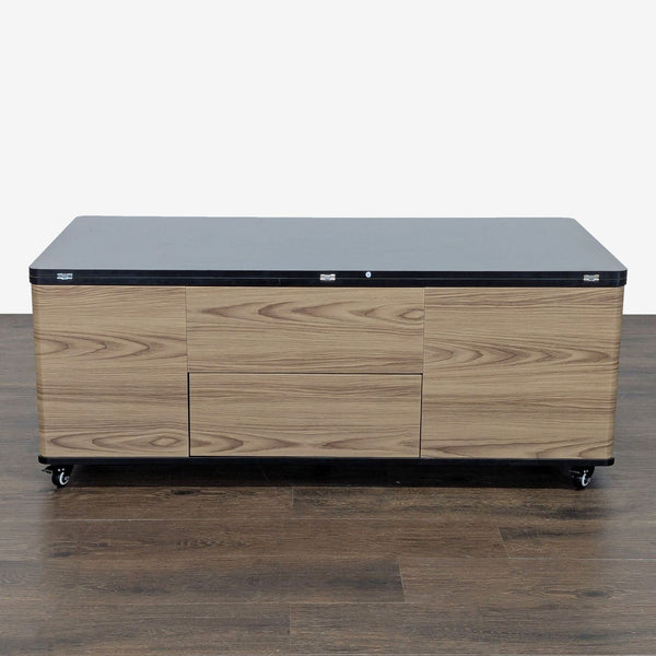 Hokku adjustable wooden table with three drawers, two shelves, and casters for easy movement.  