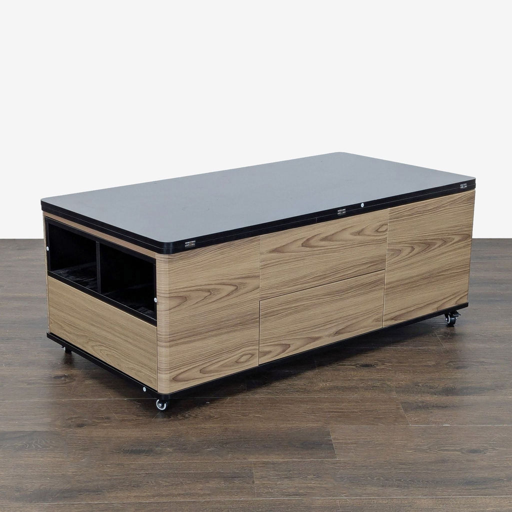 Modern Hokku coffee table crafted from safe wood, includes adjustable surface, drawers, shelves, and caster wheels.