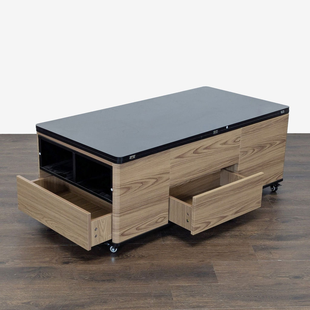 Eco-friendly Hokku coffee table featuring storage drawers, open shelving, rolling wheels, and a movable top.  