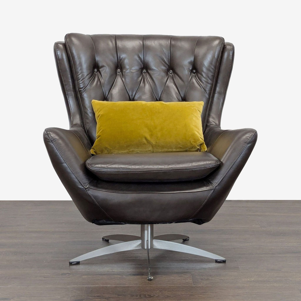 Pottery Barn Wells Modern Brown Leather Swivel Chair with Yellow Pillow - Accepted Offer (22.68% discount)