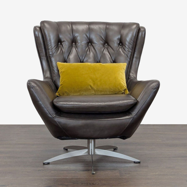 Pottery Barn Wells Modern Brown Leather Swivel Chair with Yellow Pillow - Accepted Offer (22.68% discount)