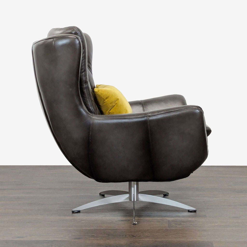 Pottery Barn Wells Modern Brown Leather Swivel Chair with Yellow Pillow - Accepted Offer (22.68% discount)