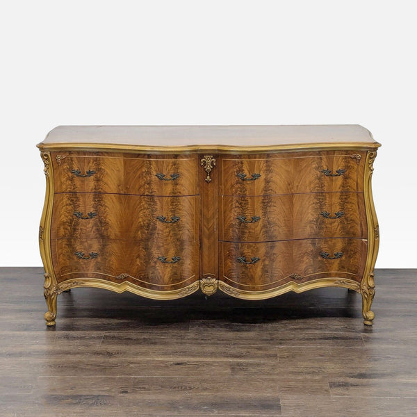 Elegant French Provincial Burl Wood 6-Drawer Dresser