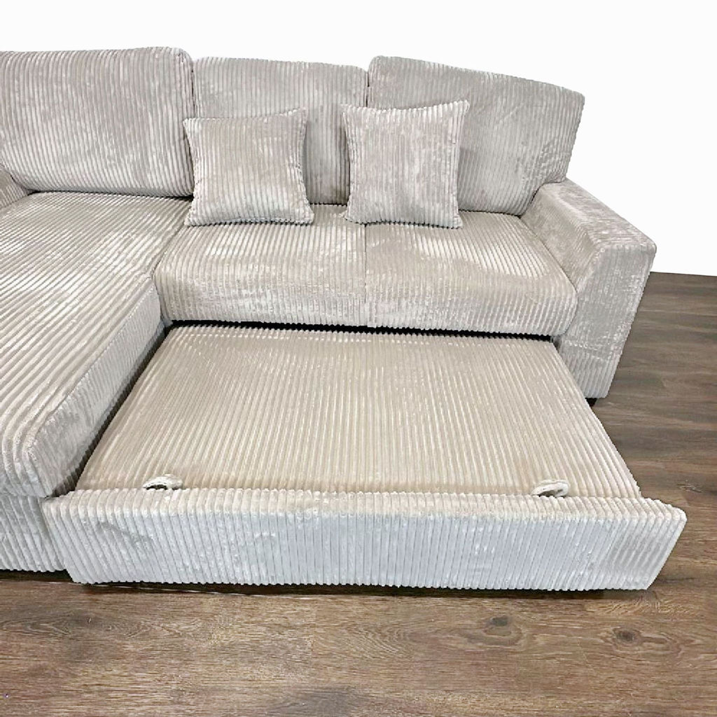 Light Beige Corduroy Sectional Sleeper Sofa with Storage Chaise and Pillows