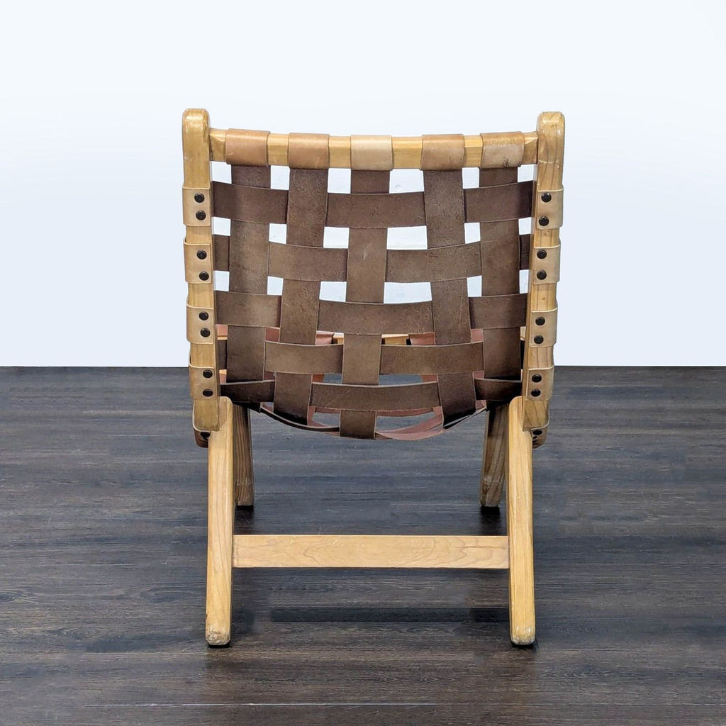 Modern Woven Leather Strap Lounge Chair with Wooden Frame