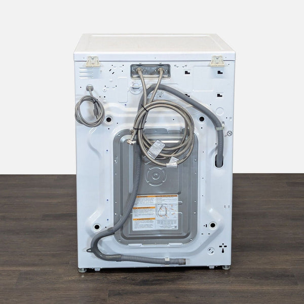 1. Front view of an LG washer/dryer appliance with a digital display and sleek metallic finish, Washer/Dryer category.  