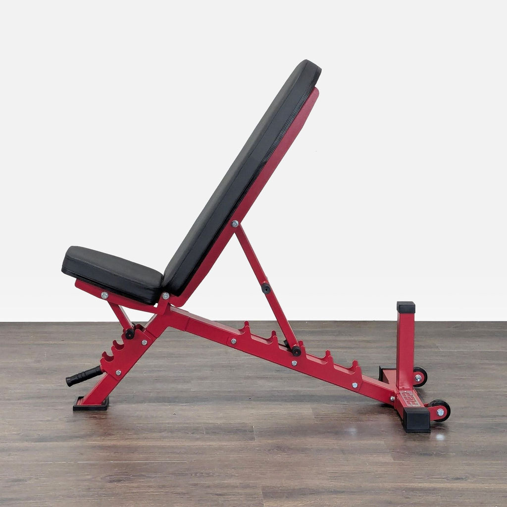 Adjustable gym bench by REP Fitness; durable, comfortable, with incline settings and mobility features.