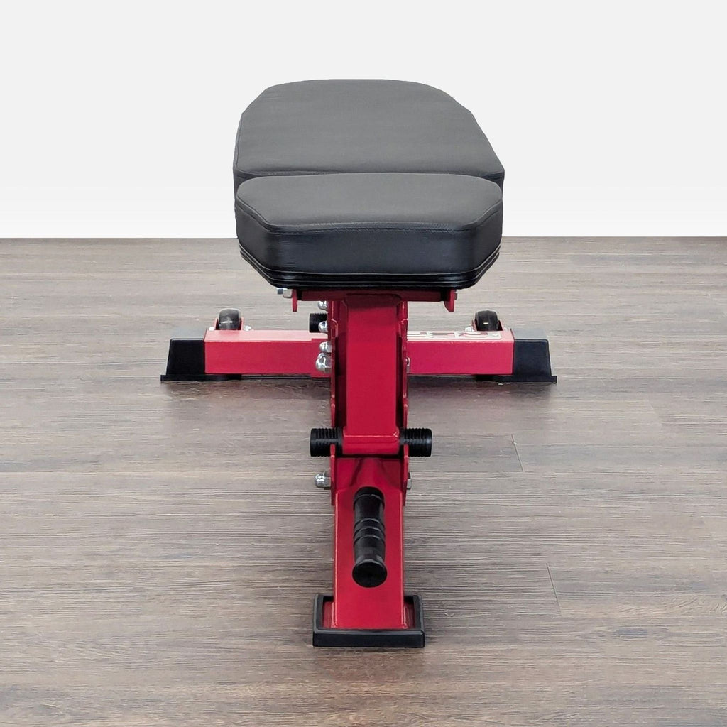 REP Fitness adjustable weight bench with red steel frame, padded seat, and easy incline or flat adjustments.