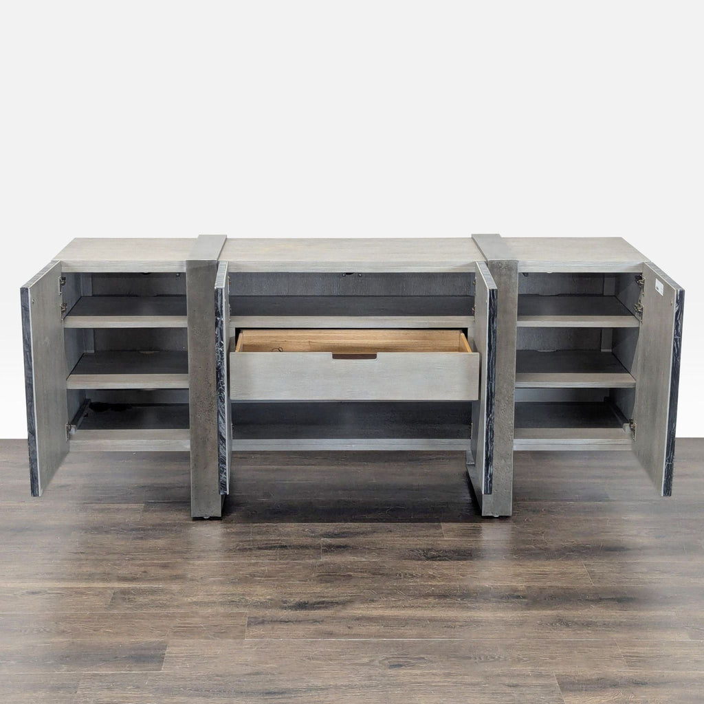 2. Sleek Black Forest marble entertainment unit featuring multiple shelves and textured graphite metal accents.  