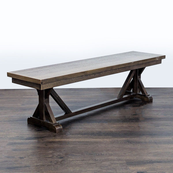 1. Rectangular wooden bench with sturdy trestle legs, suitable for dining or entryway, from World Market.