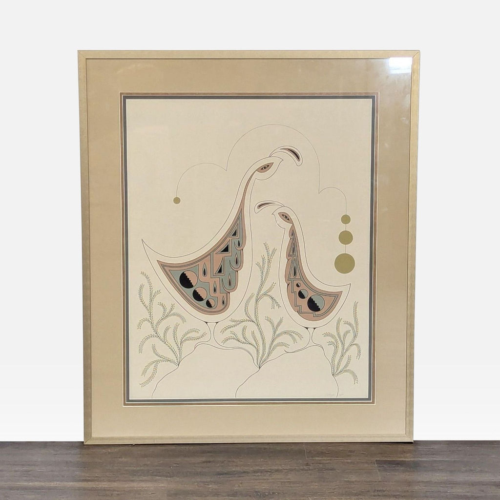 Limited edition abstract quail art print with pastel details, signed and numbered, matted and framed.