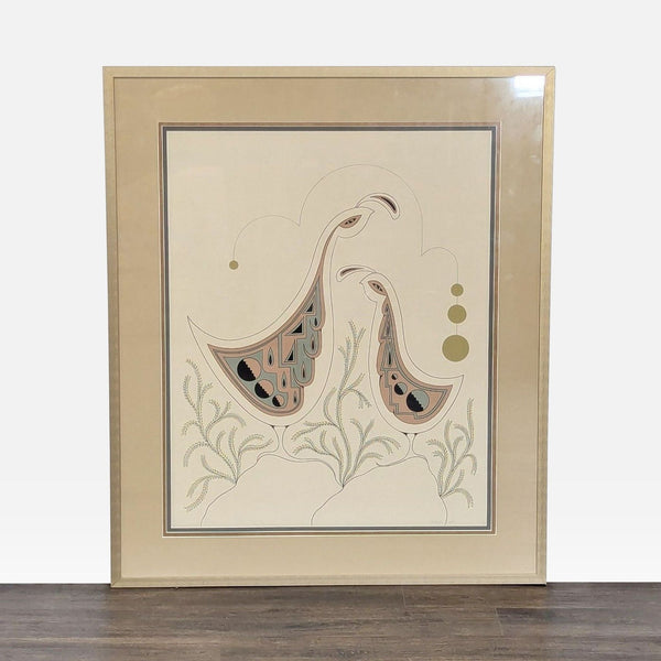 Limited edition abstract quail art print with pastel details, signed and numbered, matted and framed.