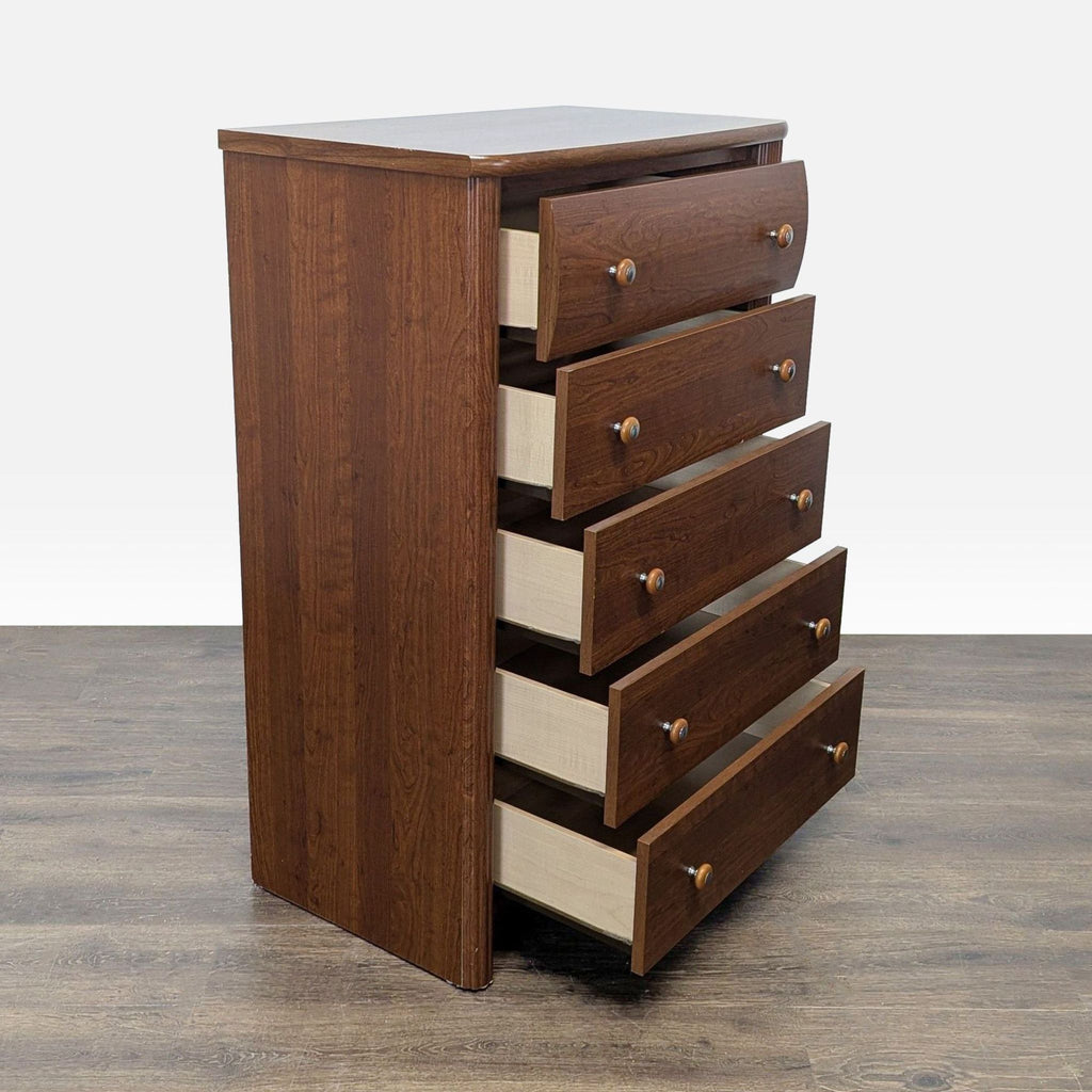 Palliser Furniture dresser featuring five spacious drawers, sturdy build, and simple brown wood finish.