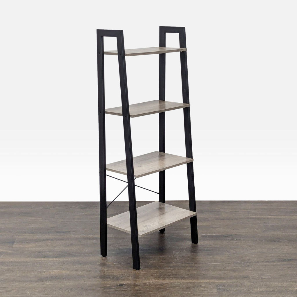 Modern open bookshelf with four wooden tiers and a sturdy black metal frame, suitable for storage and display.  