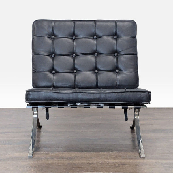 Modern Barcelona-Style Tufted Black Leather Lounge Chair with Polished Chrome Base