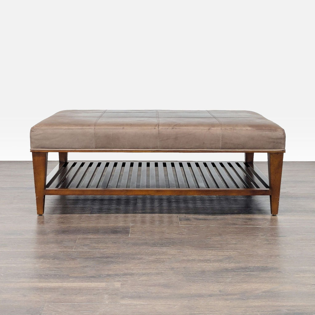 Wooden bench with a slatted lower shelf, suitable for use as a stool or entryway ottoman.