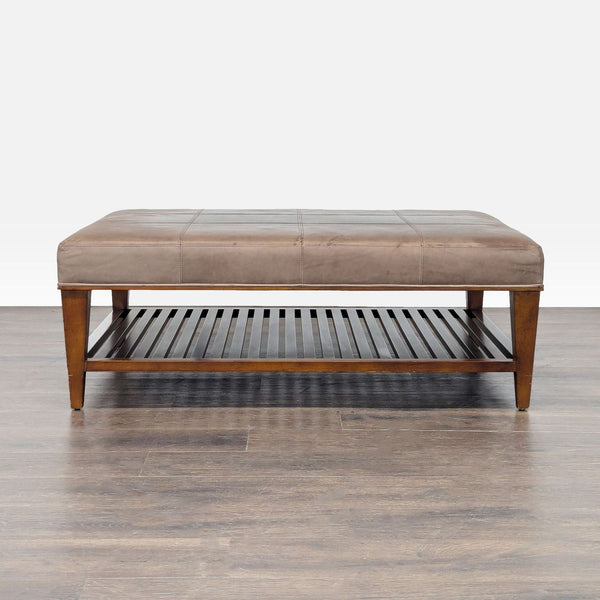 Wooden bench with a slatted lower shelf, suitable for use as a stool or entryway ottoman.