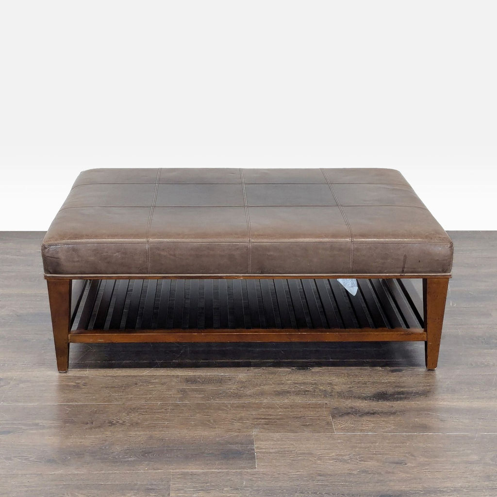 Minimalist slatted bench from the Stools, Ottomans & Benches category, featuring an open lower shelf.