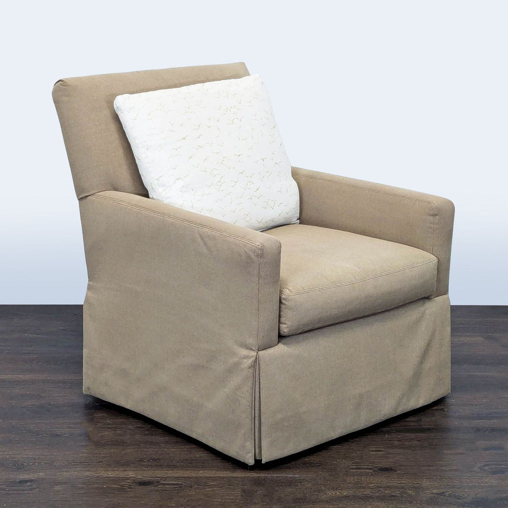 Two contemporary lounge swivel chairs by Lee Industries, upholstered in a light fabric.