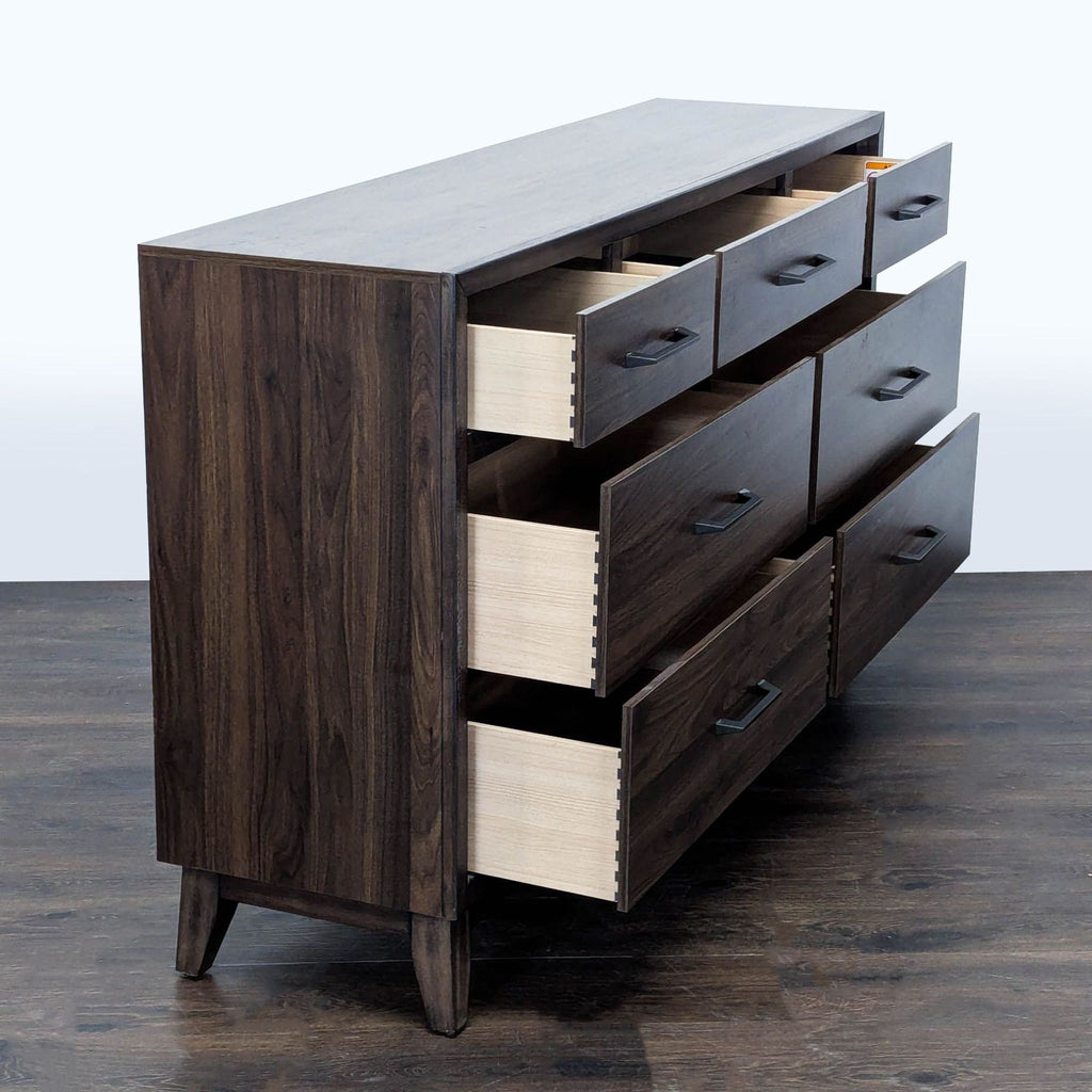 3. Home Meridian dresser with several drawers open, displaying interior space and dovetail construction.