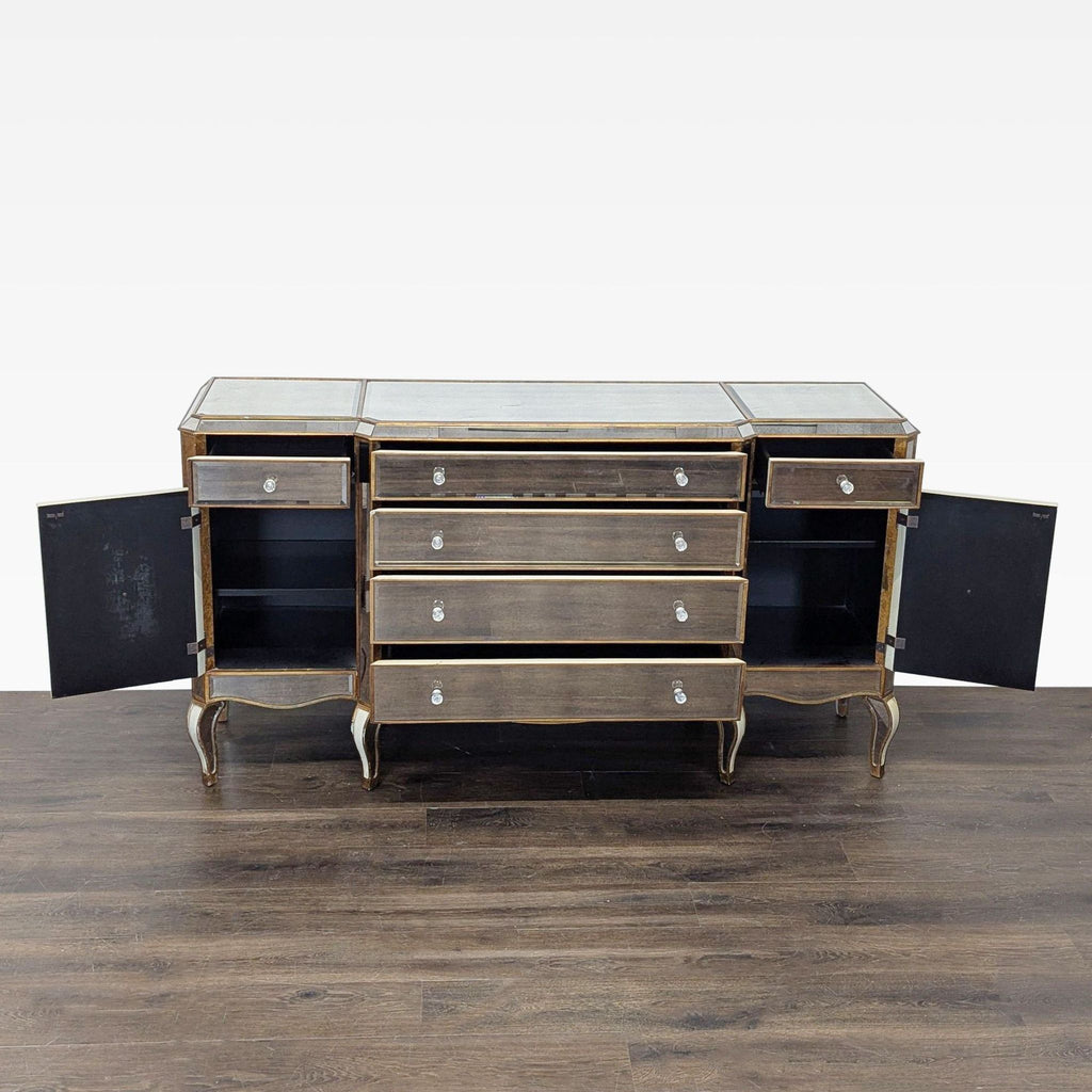2. Bassett Mirror Company sideboard with mirrored finish, displayed with drawers and cabinet doors open.