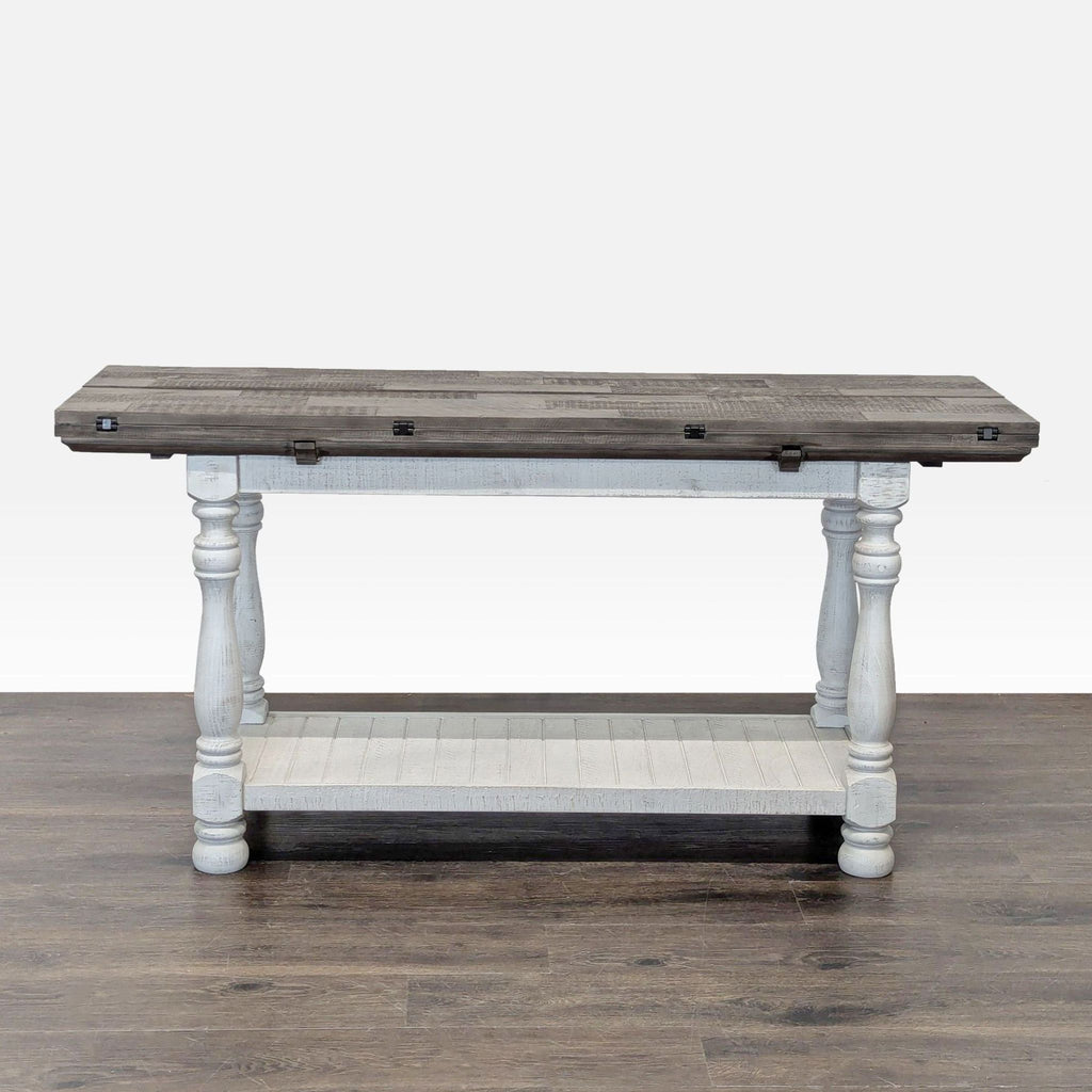 Two-tone farmhouse console table by Ashley Furniture, made of pine, convertible to a dining table.