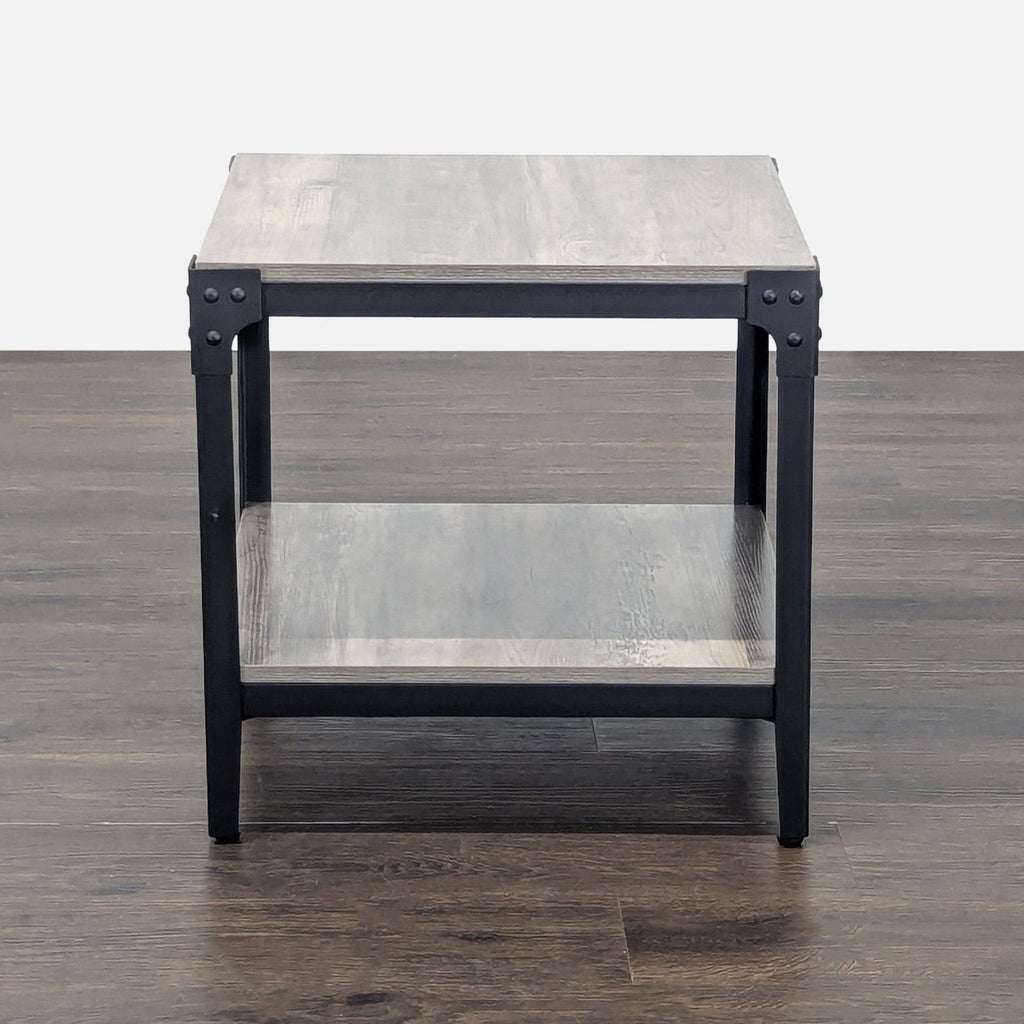 Industrial-style end table with powder-coated steel legs and warp-resistant MDF surface.  