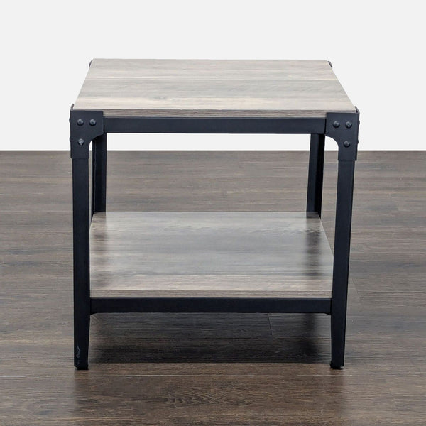 Walker Edison industrial table with steel frame and multi-grain laminate MDF top, shown from an angled view.  